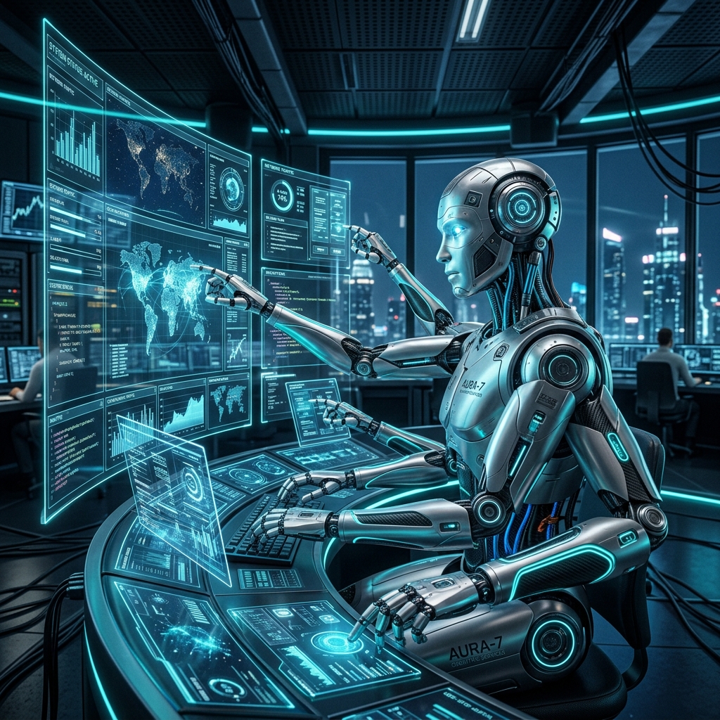 Professional AI assistant with multiple robotic arms multitasking